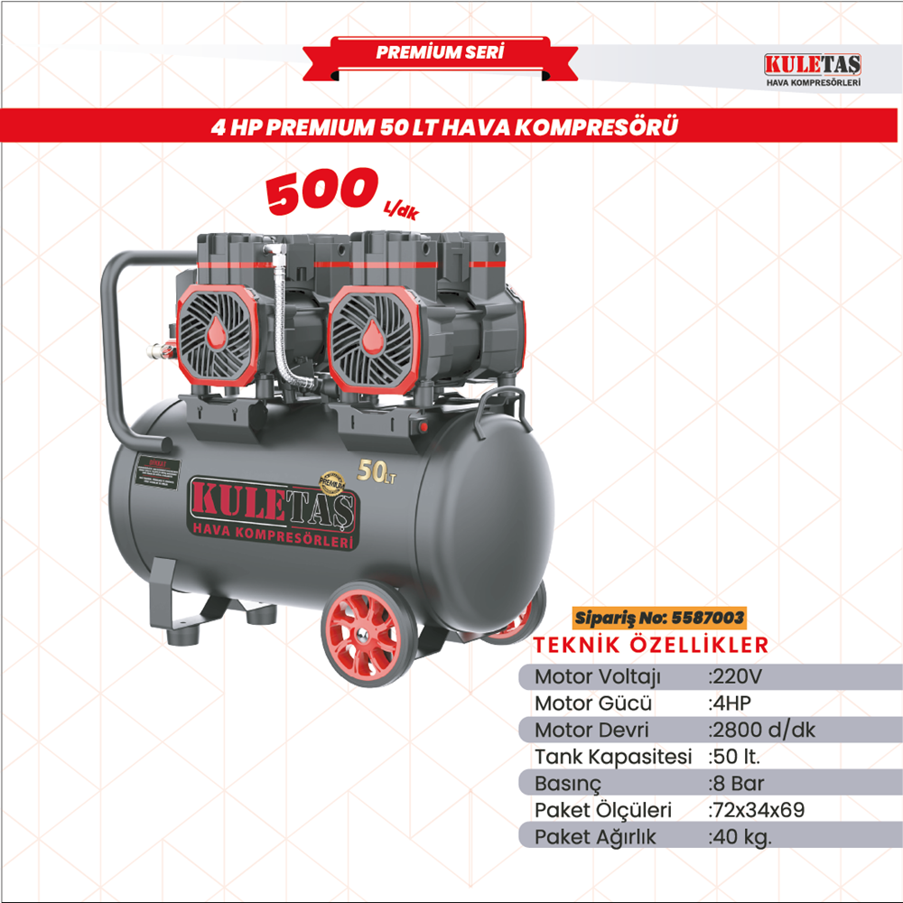 HAVA KOMPRESÖRÜ PREM. SESSİZ YAĞSIZ 50 LT KULETAŞ 5587003