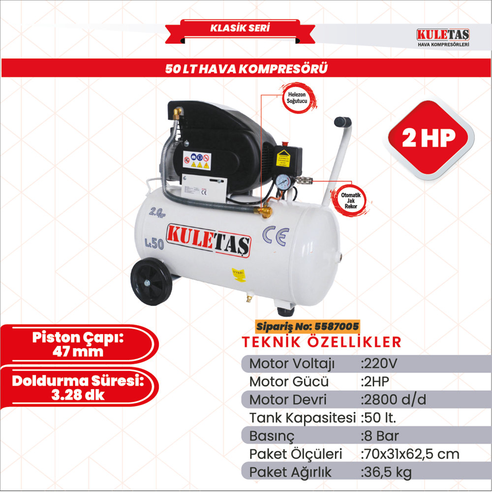 HAVA KOMPRESÖRÜ 50 LT 2 HP KULETAŞ YAĞLI 5587005