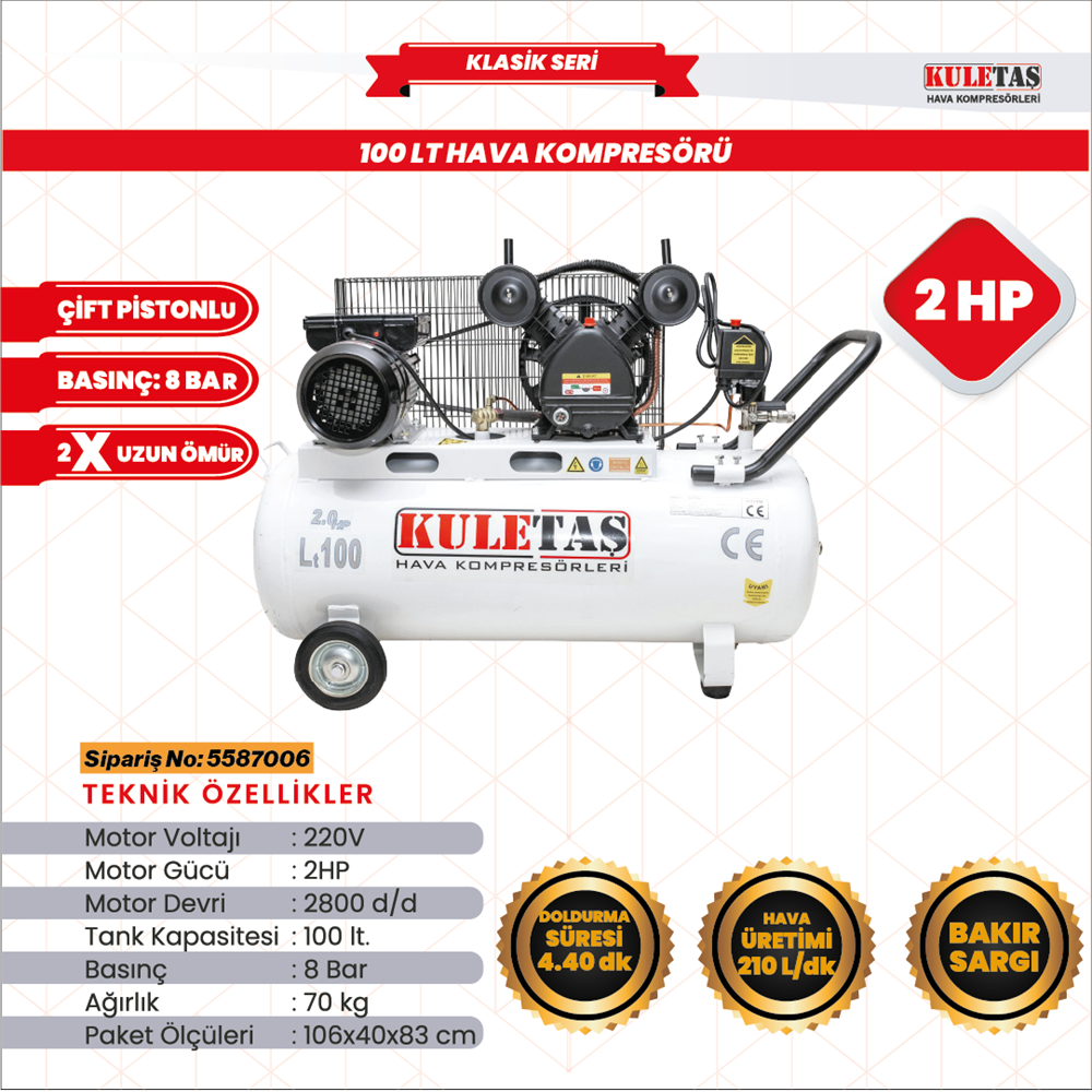 HAVA KOMPRESÖRÜ 100 LT 2 HP ÇİFT KAFA KULETAŞ 5587006