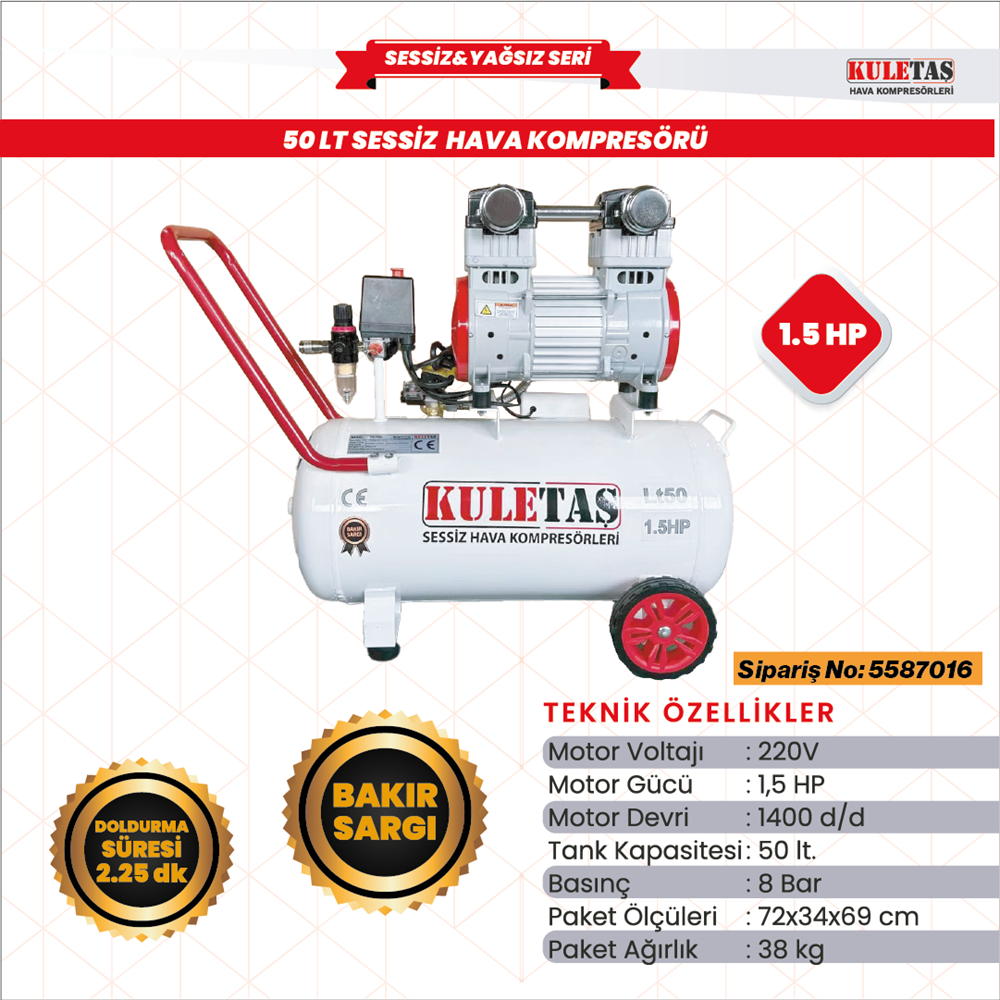 HAVA KOMPRESÖRÜ SESSİZ 50 LİTRE 1,5 HP KULETAŞ 5587016