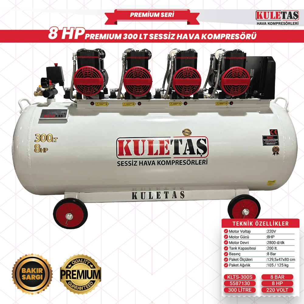PREMİUM SESSİZ YAĞSIZ HAVA KOMPRESÖRÜ 300 LT. 8 HP KULETAŞ