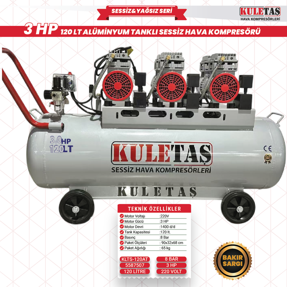 HAVA KOMP SESSİZ120 LT 3 HP ALÜMİNYUM TANK KULETAŞ