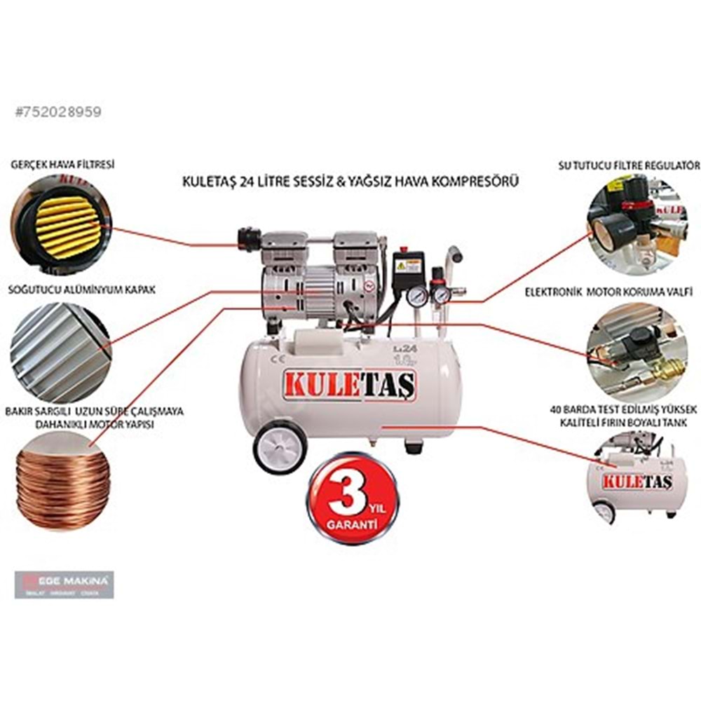 HAVA KOMPRESÖRÜ SESSİZ 24 LİTRE 1 HP KULETAŞ 5587014
