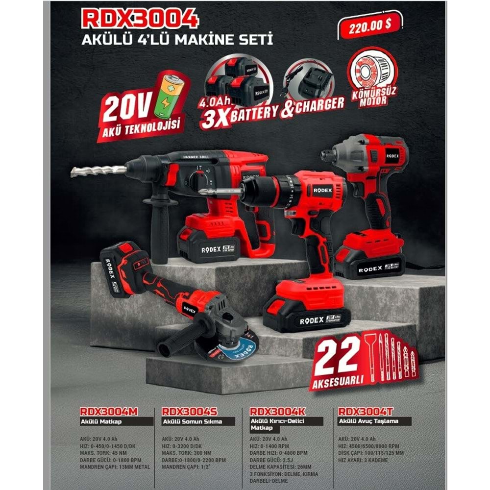 RODEX RDX3004 AKÜLÜ SET 4, LÜ 20V 3x4.0Ah