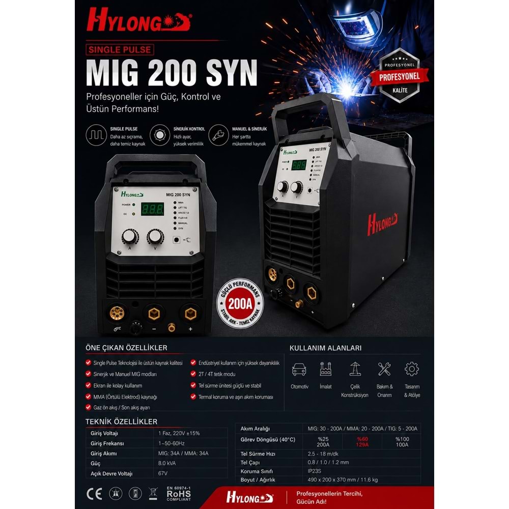 HYLONG MİG 200 DİJİTAL GAZSIZ GAZALTI KAYNAK MAKİNASI (TİG-MİG-ALM-PASLANMAZ)