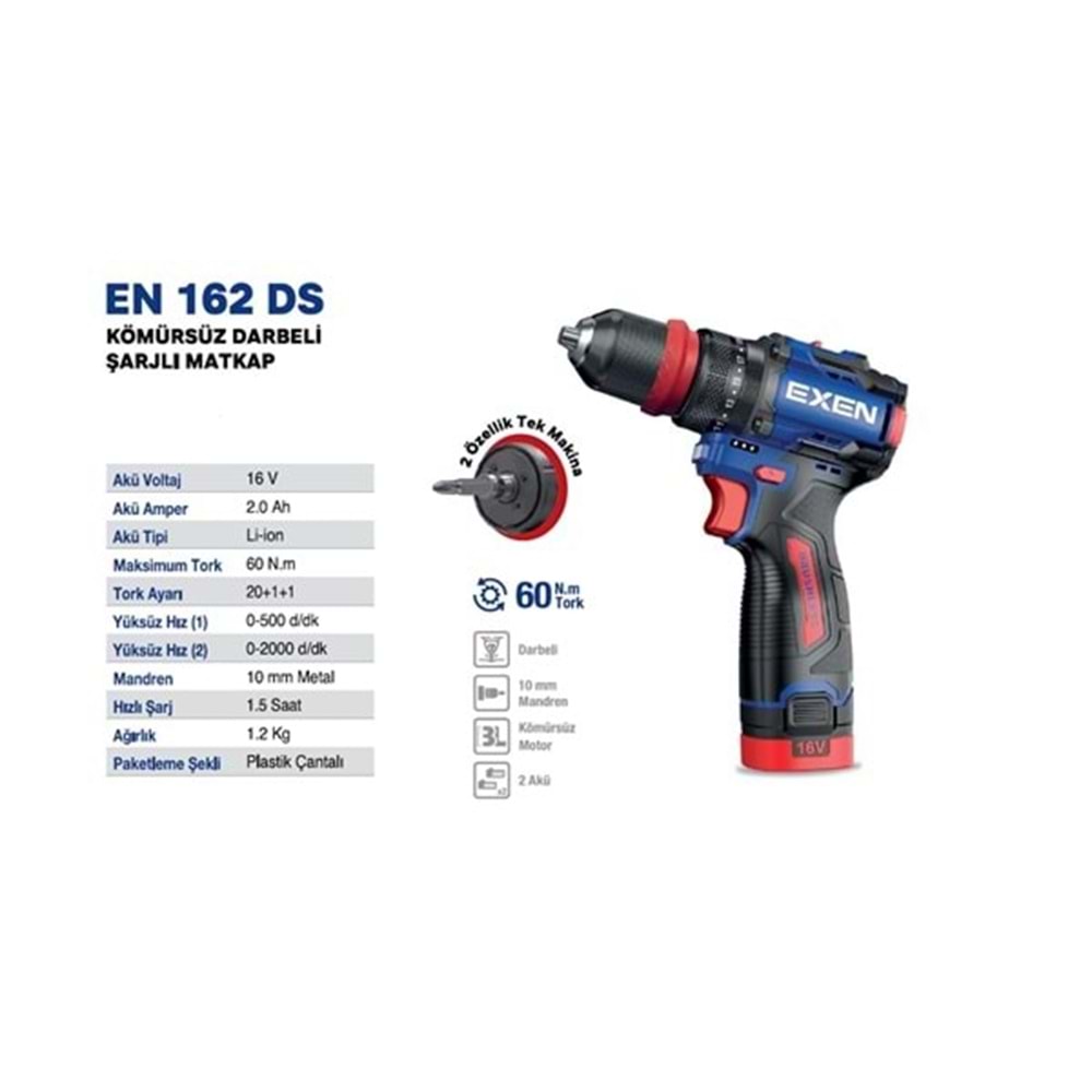 EXEN EN 162 DS 16V 2Ah 60N.m Kömürsüz Darbeli Şarjlı Matkap