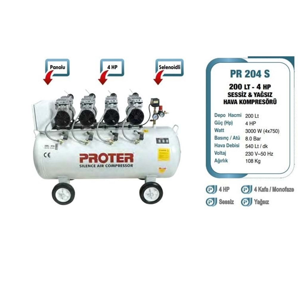 PROTER PR 204 S SESSİZ-YAĞSIZ 200 LT 3HP MONOFAZE 8 BAR HAVA KOMPRESÖRÜ