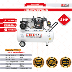 HAVA KOMPRESÖRÜ 100 LT 2 HP ÇİFT KAFA KULETAŞ 5587006