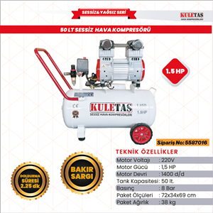 HAVA KOMPRESÖRÜ SESSİZ 50 LİTRE 1,5 HP KULETAŞ 5587016