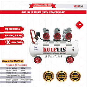 HAVA KOMPRESÖRÜ SESSİZ 100LT 3HP KULETAŞ 5587018