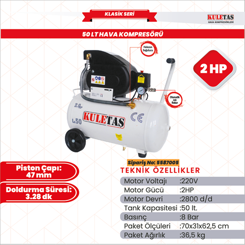 HAVA KOMPRESÖRÜ 50 LT 2 HP KULETAŞ YAĞLI 5587005