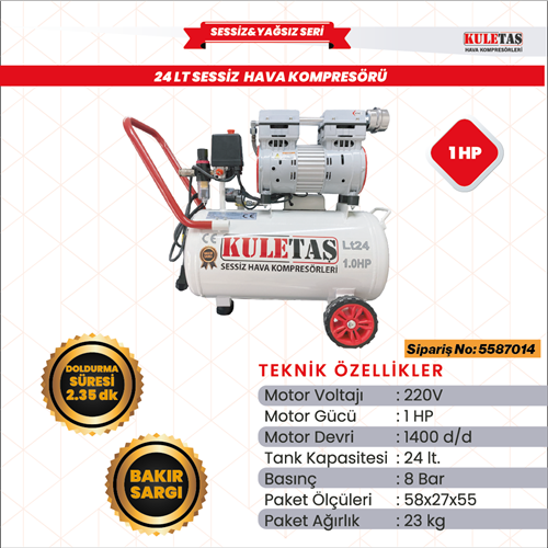 HAVA KOMPRESÖRÜ SESSİZ 24 LİTRE 1 HP KULETAŞ 5587014