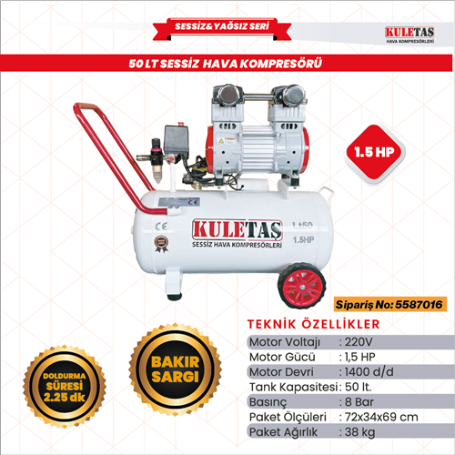 HAVA KOMPRESÖRÜ SESSİZ 50 LİTRE 1,5 HP KULETAŞ 5587016
