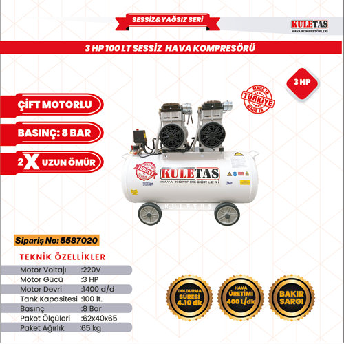 HAVA KOMPRESÖRÜ SESSİZ YERLİ 100 LT. 3 HP KULETAŞ