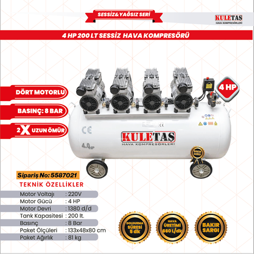 HAVA KOMPRESÖRÜ SESSİZ 200LT 4HP KULETAŞ 5587021