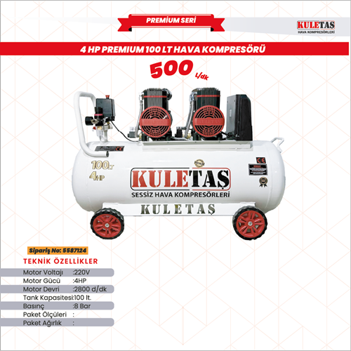 SESSİZ YAĞSIZ PREMİUM HAVA KOMPRESÖRÜ 100 LT. 4 HP KULETAŞ