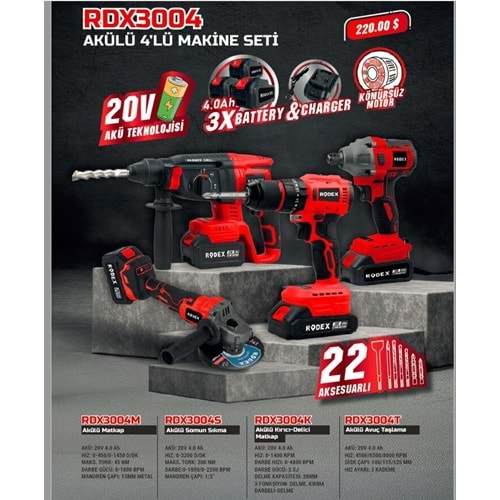 RODEX RDX3004 AKÜLÜ SET 4, LÜ 20V 3x4.0Ah