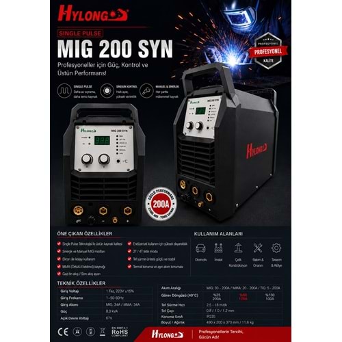 HYLONG MİG 200 DİJİTAL GAZSIZ GAZALTI KAYNAK MAKİNASI (TİG-MİG-ALM-PASLANMAZ)