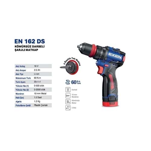 EXEN EN 162 DS 16V 2Ah 60N.m Kömürsüz Darbeli Şarjlı Matkap