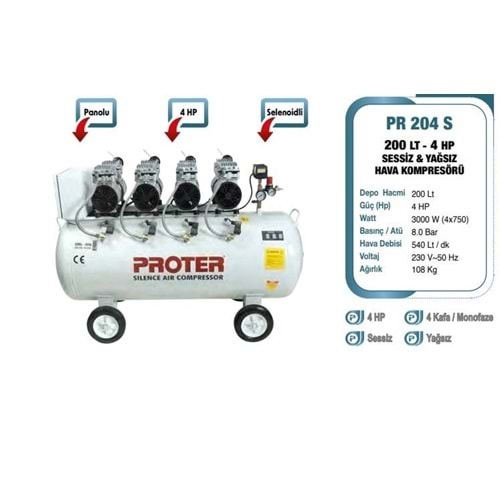 PROTER PR 204 S SESSİZ-YAĞSIZ 200 LT 4HP MONOFAZE 8 BAR HAVA KOMPRESÖRÜ