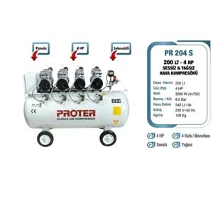 PROTER PR 204 S SESSİZ-YAĞSIZ 200 LT 3HP MONOFAZE 8 BAR HAVA KOMPRESÖRÜ